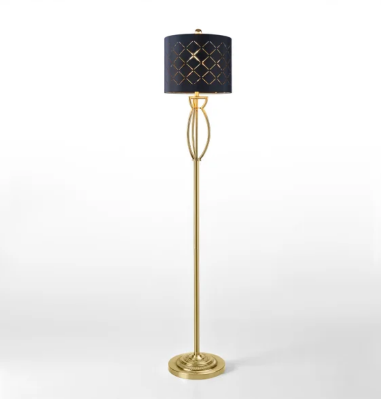 63" Modern Glam Metal Floor Lamp with Black Shade and Foot Switch #F274