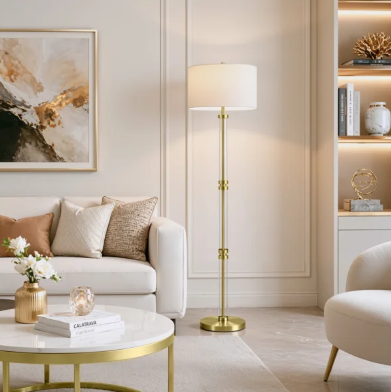 62" Modern Luxury Glass Metal Antique Bronze Floor Lamp with 3-Way Dimmable Lighting and Drum Linen Shade #FGT04