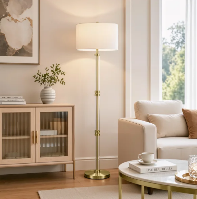 62" Modern Luxury Glass Metal Antique Bronze Floor Lamp with 3-Way Dimmable Lighting and Drum Linen Shade #FGT04
