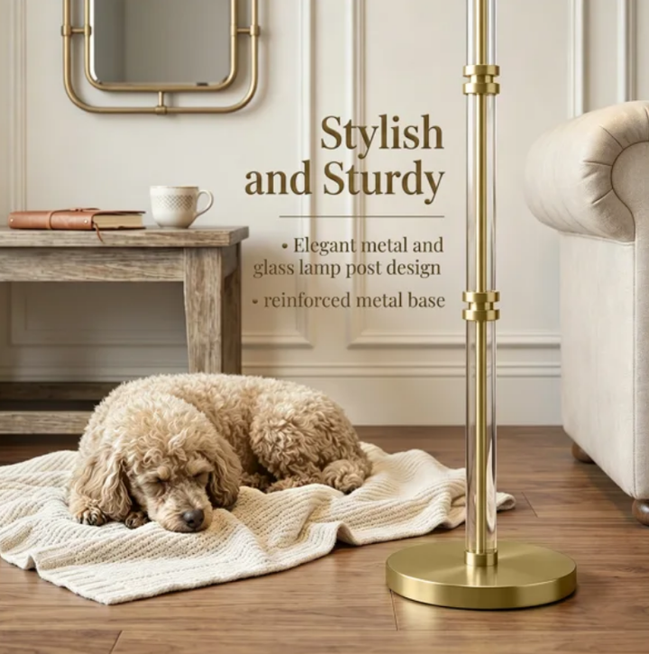 62" Modern Luxury Glass Metal Antique Bronze Floor Lamp with 3-Way Dimmable Lighting and Drum Linen Shade #FGT04