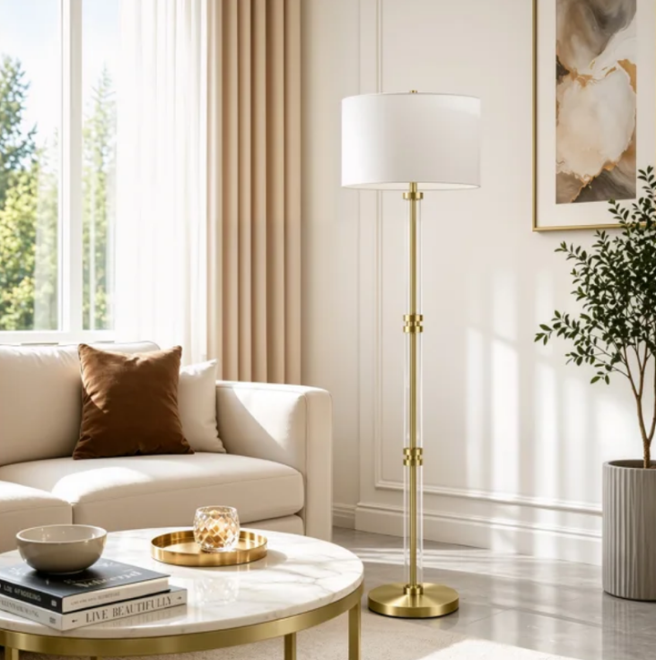 62" Modern Luxury Glass Metal Antique Bronze Floor Lamp with 3-Way Dimmable Lighting and Drum Linen Shade #FGT04
