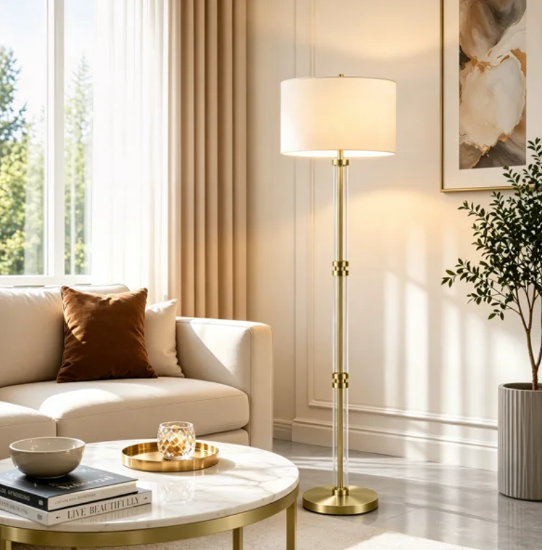 62" Modern Luxury Glass Metal Antique Bronze Floor Lamp with 3-Way Dimmable Lighting and Drum Linen Shade #FGT04