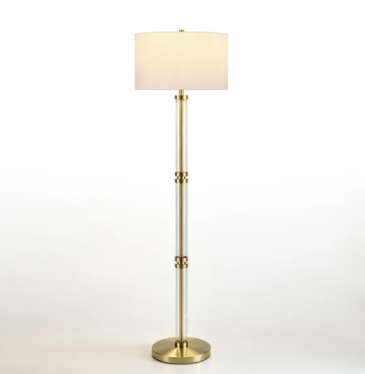 62" Modern Luxury Glass Metal Antique Bronze Floor Lamp with 3-Way Dimmable Lighting and Drum Linen Shade #FGT04