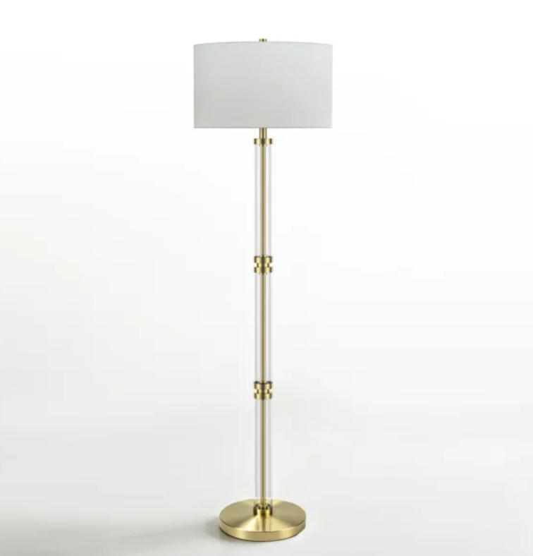 62" Modern Luxury Glass Metal Antique Bronze Floor Lamp with 3-Way Dimmable Lighting and Drum Linen Shade #FGT04