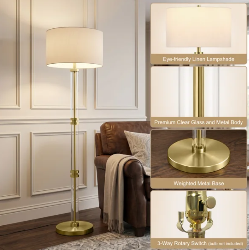 62" Modern Luxury Glass Metal Antique Bronze Floor Lamp with 3-Way Dimmable Lighting and Drum Linen Shade #FGT04