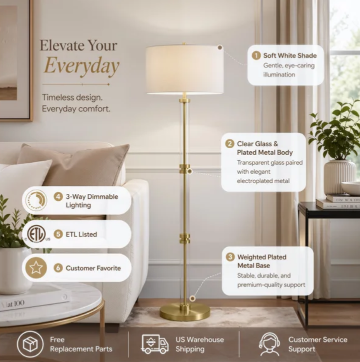 62" Modern Luxury Glass Metal Antique Bronze Floor Lamp with 3-Way Dimmable Lighting and Drum Linen Shade #FGT04