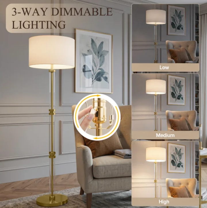 62" Modern Luxury Glass Metal Antique Bronze Floor Lamp with 3-Way Dimmable Lighting and Drum Linen Shade #FGT04