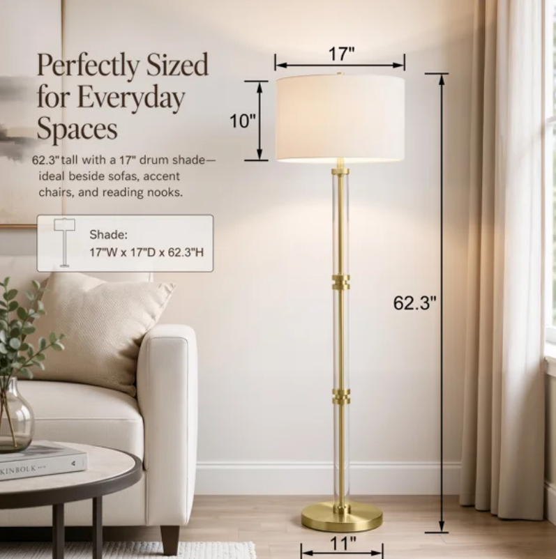 62" Modern Luxury Glass Metal Antique Bronze Floor Lamp with 3-Way Dimmable Lighting and Drum Linen Shade #FGT04