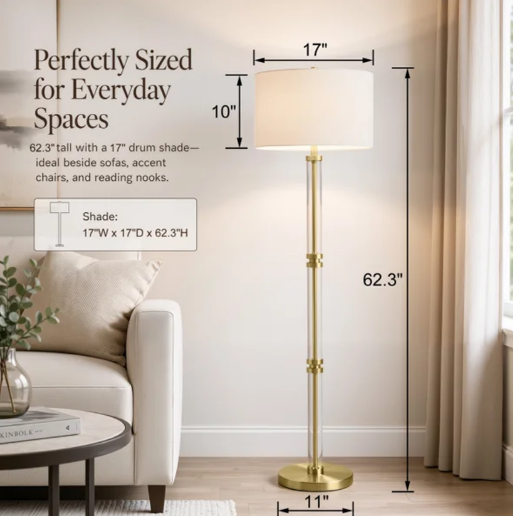 62" Modern Luxury Glass Metal Antique Bronze Floor Lamp with 3-Way Dimmable Lighting and Drum Linen Shade #FGT04