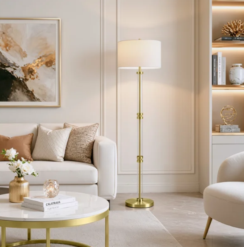 62" Modern Luxury Glass Metal Antique Bronze Floor Lamp with 3-Way Dimmable Lighting and Drum Linen Shade #FGT04