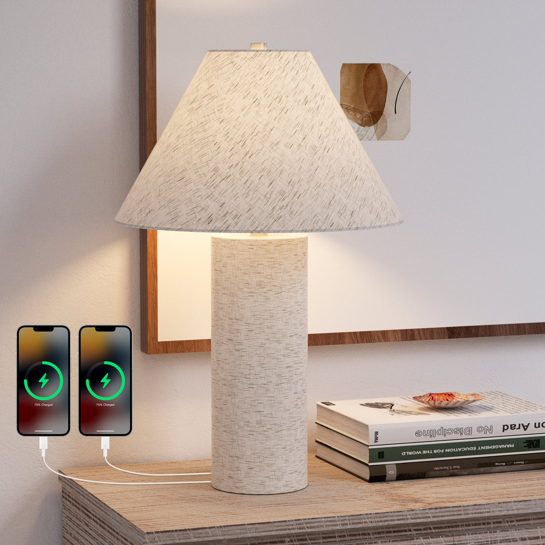 22.75'' White Resin-Wrapped Fabric Table Lamp With Usb For Living Room/Bedroom