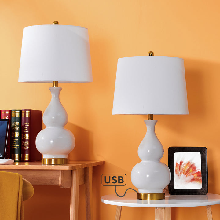 Maxax 26" Ceramic Table Lamps Set of 2 with USB Charging Port, 3-Way Dimmable White Double Gourd Bedside Desk Lamps Modern Nightstand Lamp with White Shade for Bedroom, Living Room (ETL Certified) #T08