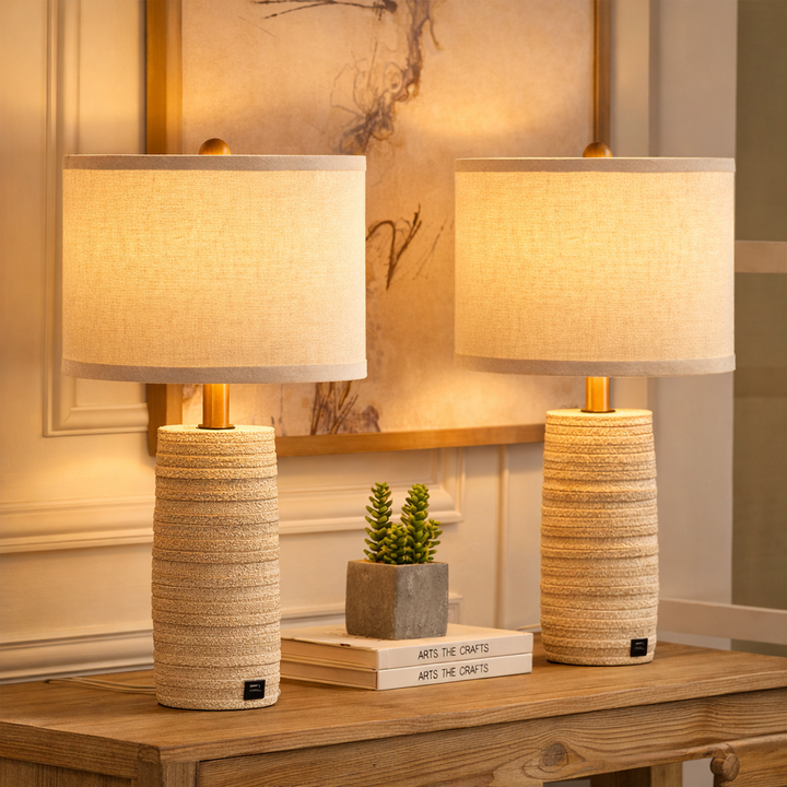 Maxax 23" Farmhouse Table Lamps Set of 2 with USB Ports, 3-Way Dimmable Resin Bedside Lamps for Living Room, Nightstand, Bedroom #T188