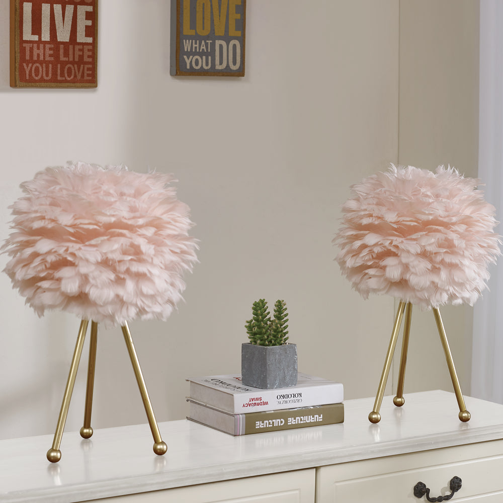 Maxax 19in Gold Tripod Pink Feather Lamp Set (Set of 2) #T21