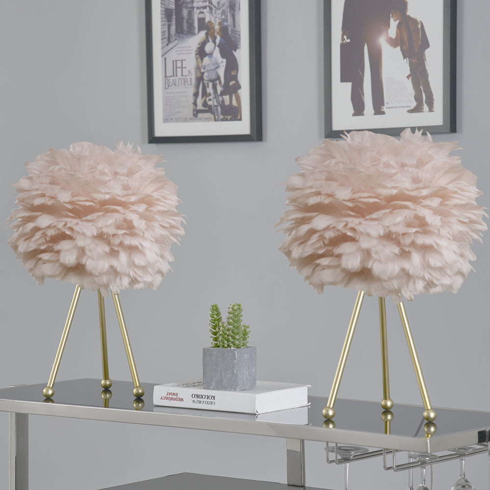 Maxax 19in Gold Tripod Pink Feather Lamp Set (Set of 2) #T21