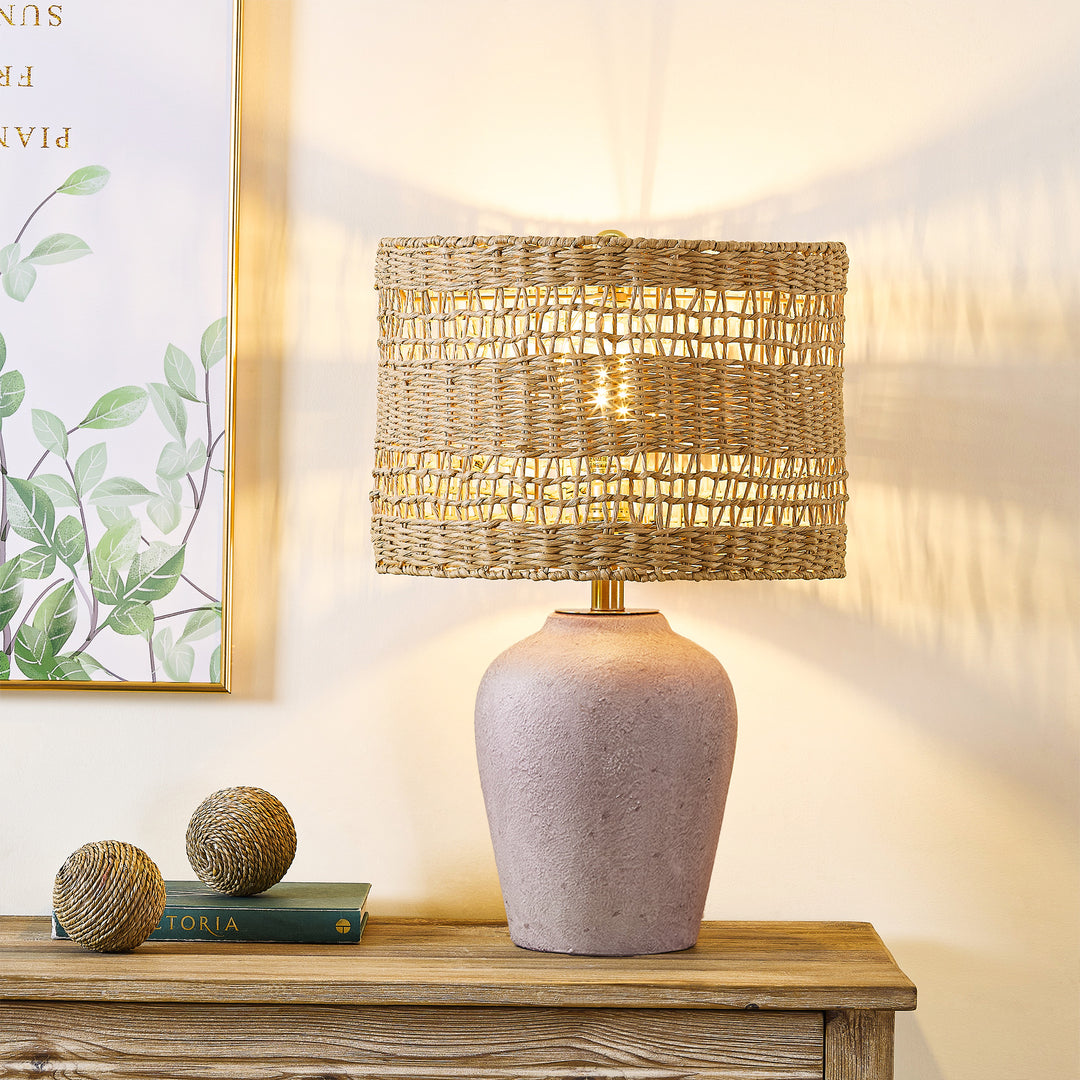 Boho Style Ceramic Rattan Table Lamp For Living Room/Bedroom/Entryway Console/Decorative Supplements With Rattan Accent #T213-WH-S