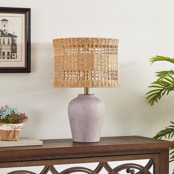 Boho Style Ceramic Rattan Table Lamp For Living Room/Bedroom/Entryway Console/Decorative Supplements With Rattan Accent #T213-WH-S