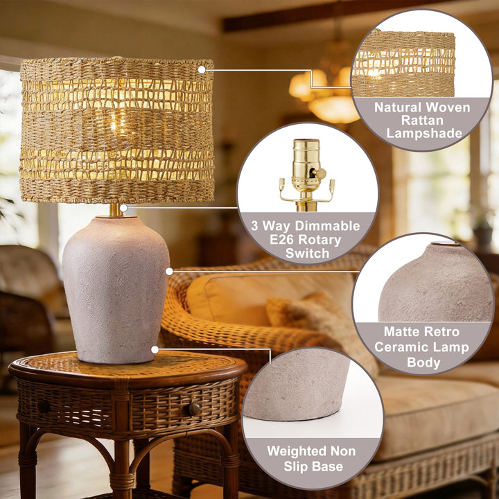 Boho Style Ceramic Rattan Table Lamp For Living Room/Bedroom/Entryway Console/Decorative Supplements With Rattan Accent #T213-WH-S