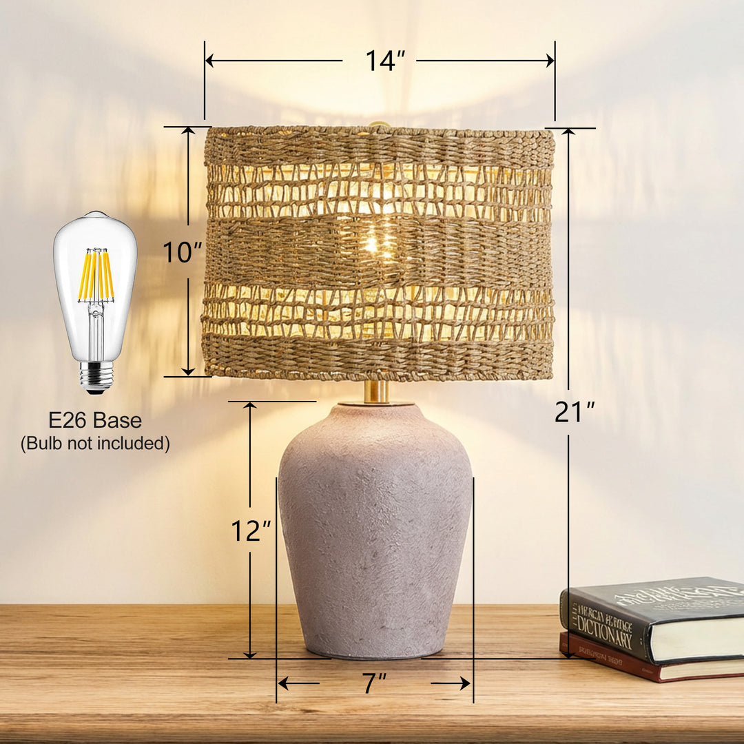 Boho Style Ceramic Rattan Table Lamp For Living Room/Bedroom/Entryway Console/Decorative Supplements With Rattan Accent #T213-WH-S