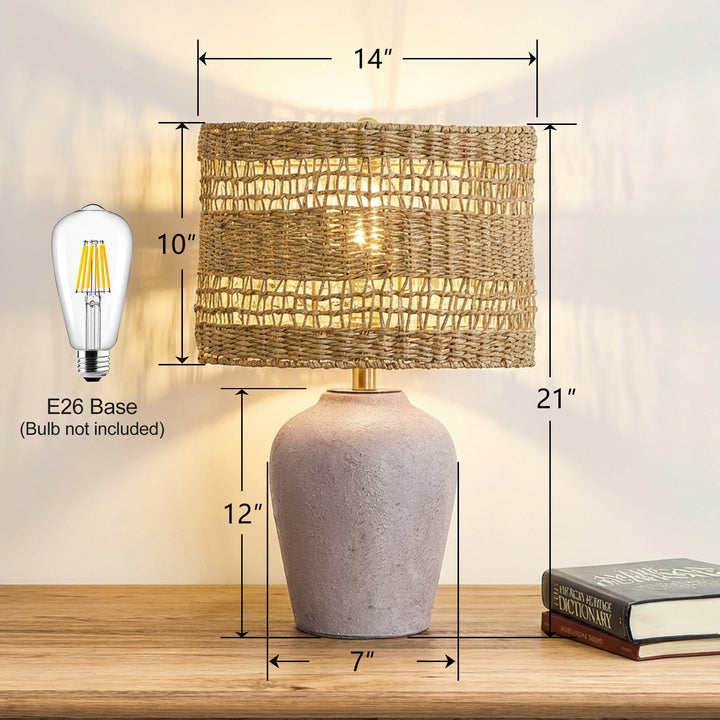 Boho Style Ceramic Rattan Table Lamp For Living Room/Bedroom/Entryway Console/Decorative Supplements With Rattan Accent #T213-WH-S