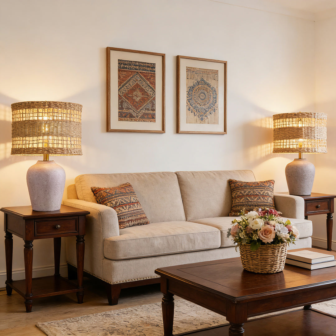 Boho Style Ceramic Rattan Table Lamp For Living Room/Bedroom/Entryway Console/Decorative Supplements With Rattan Accent #T213-WH-S