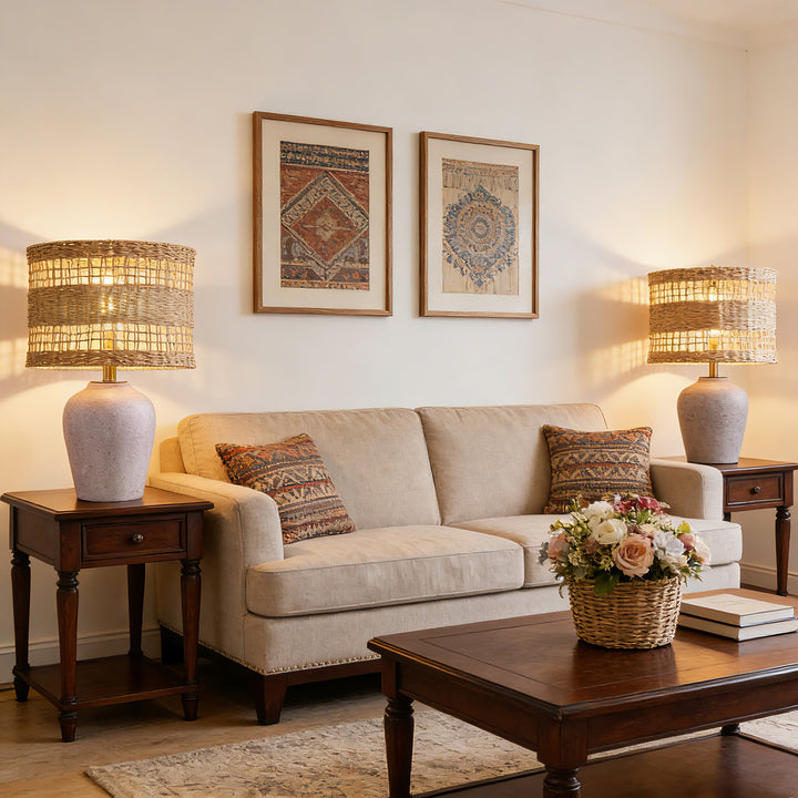 Boho Style Ceramic Rattan Table Lamp For Living Room/Bedroom/Entryway Console/Decorative Supplements With Rattan Accent #T213-WH-S