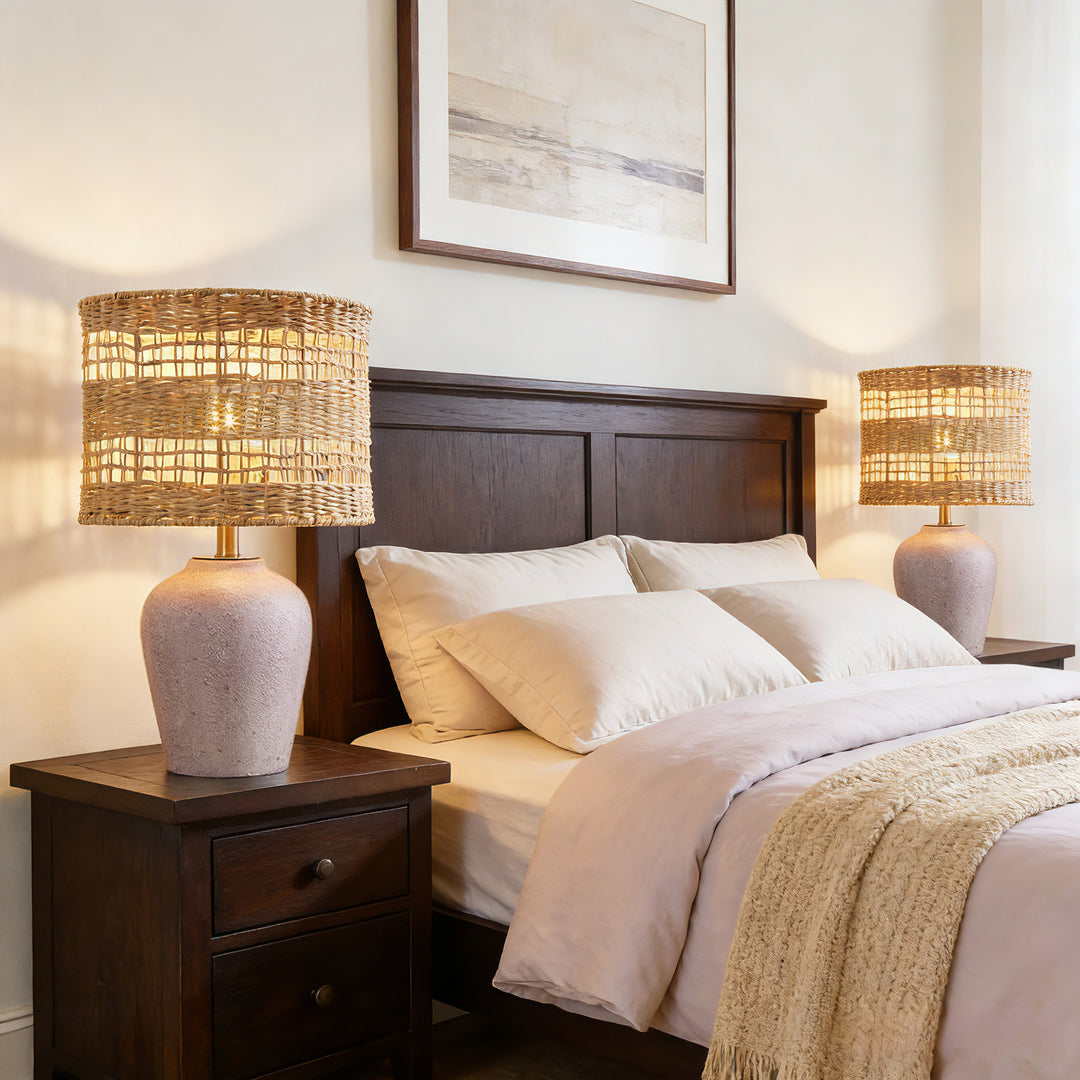 Boho Style Ceramic Rattan Table Lamp For Living Room/Bedroom/Entryway Console/Decorative Supplements With Rattan Accent #T213-WH-S