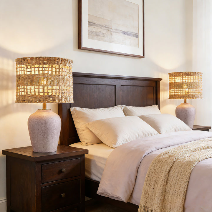 Boho Style Ceramic Rattan Table Lamp For Living Room/Bedroom/Entryway Console/Decorative Supplements With Rattan Accent #T213-WH-S