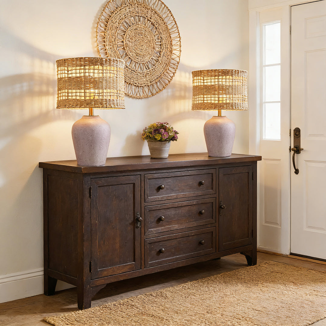 Boho Style Ceramic Rattan Table Lamp For Living Room/Bedroom/Entryway Console/Decorative Supplements With Rattan Accent #T213-WH-S