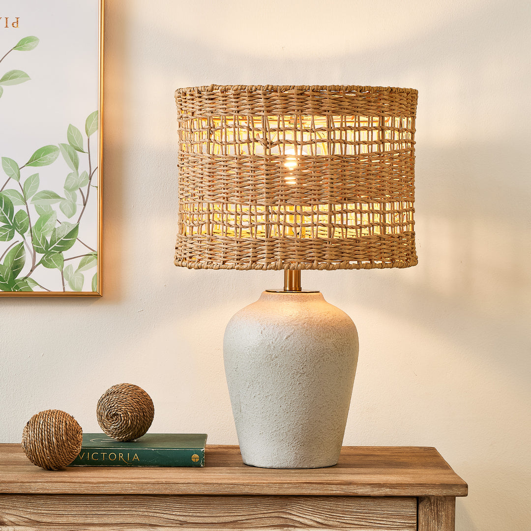 Boho Style Ceramic Rattan Table Lamp For Living Room/Bedroom/Entryway Console/Decorative Supplements With Rattan Accent #T213-WH-S