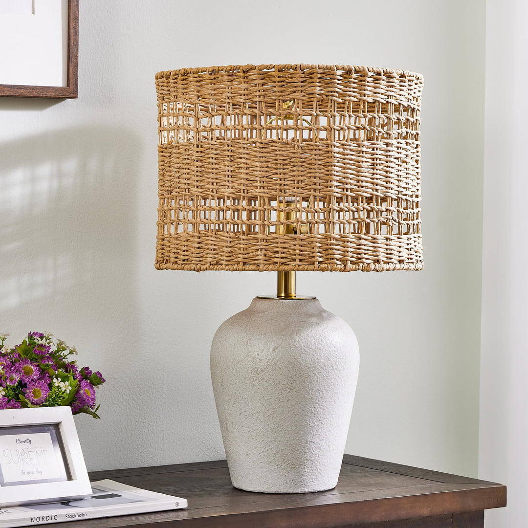 Boho Style Ceramic Rattan Table Lamp For Living Room/Bedroom/Entryway Console/Decorative Supplements With Rattan Accent #T213-WH-S