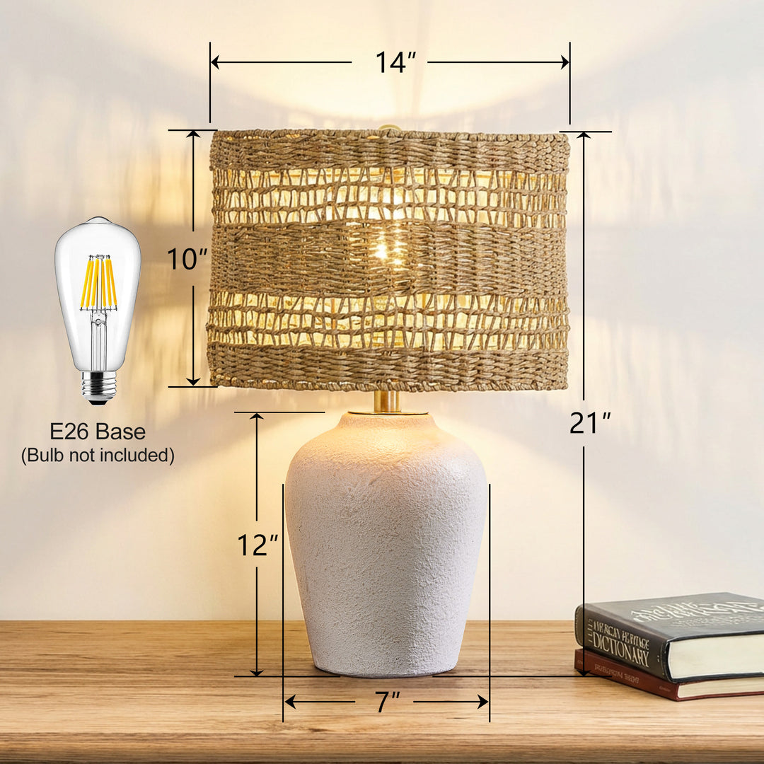 Boho Style Ceramic Rattan Table Lamp For Living Room/Bedroom/Entryway Console/Decorative Supplements With Rattan Accent #T213-WH-S