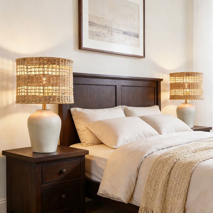 Boho Style Ceramic Rattan Table Lamp For Living Room/Bedroom/Entryway Console/Decorative Supplements With Rattan Accent #T213-WH-S