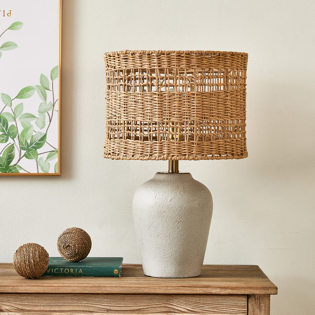 Boho Style Ceramic Rattan Table Lamp For Living Room/Bedroom/Entryway Console/Decorative Supplements With Rattan Accent #T213-WH-S