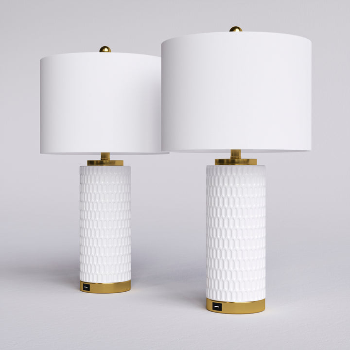 26'' White Ceramic Table Lamp With Usb For Living Room/Bedroom