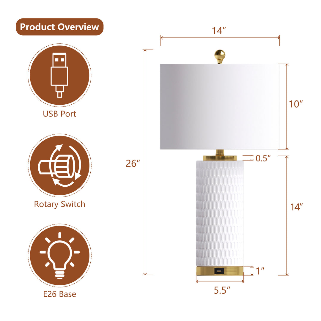 26'' White Ceramic Table Lamp With USB For Living Room/Bedroom #T227