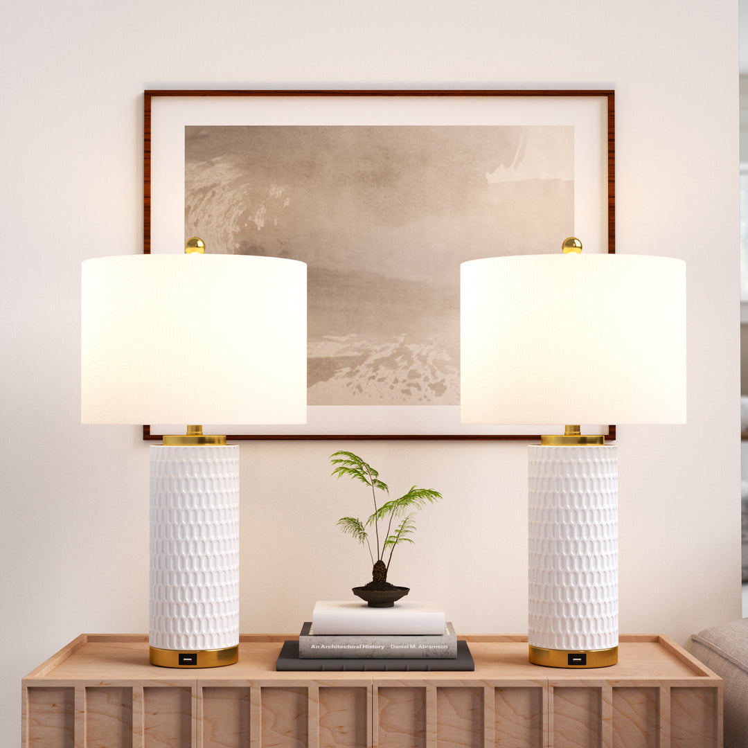 26'' White Ceramic Table Lamp With Usb For Living Room/Bedroom