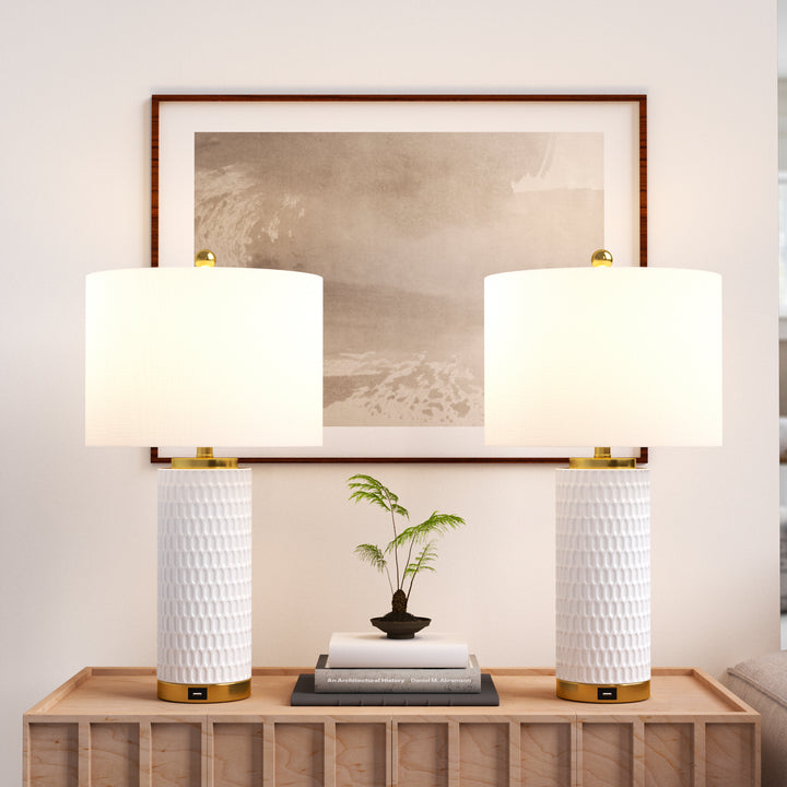 26'' White Ceramic Table Lamp With USB For Living Room/Bedroom #T227