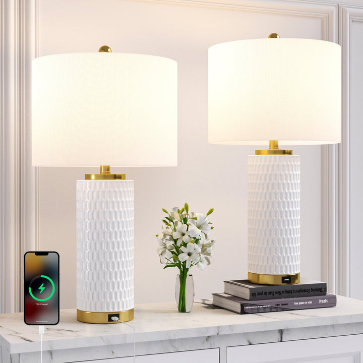 26'' White Ceramic Table Lamp With USB For Living Room/Bedroom #T227