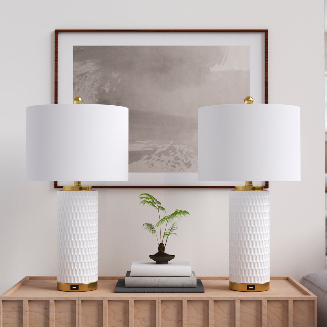 26'' White Ceramic Table Lamp With Usb For Living Room/Bedroom