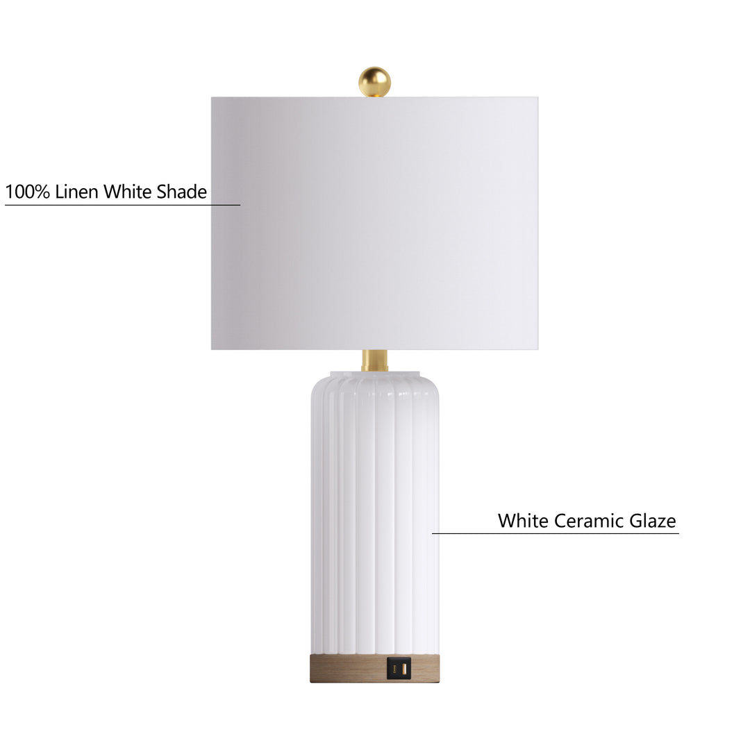 24.5'' Dimmable Modern White Ceramic Table Lamp With Usb Ports For Living Room/Bedroom (Set of 2) #T236