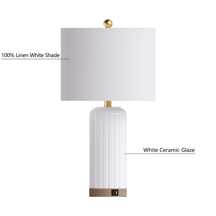 24.5'' Dimmable Modern White Ceramic Table Lamp With Usb Ports For Living Room/Bedroom (Set of 2) #T236