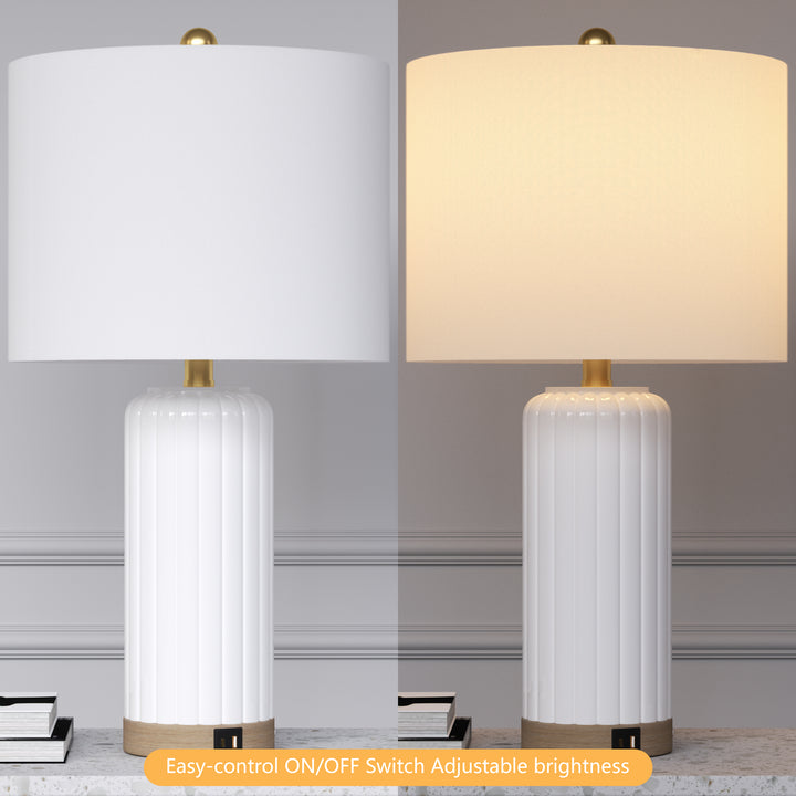 24.5'' Dimmable Modern White Ceramic Table Lamp With Usb Ports For Living Room/Bedroom (Set of 2) #T236