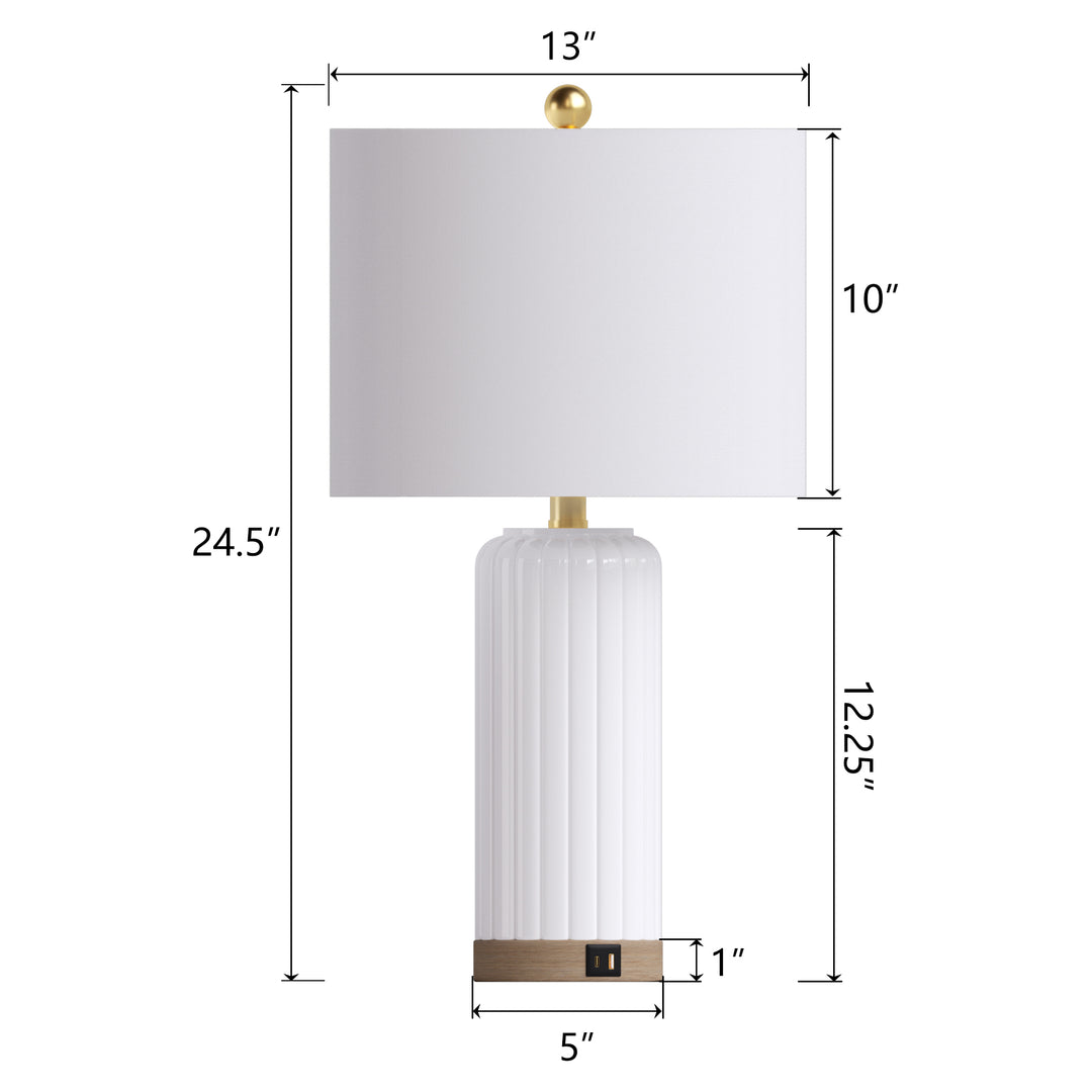 24.5'' Dimmable Modern White Ceramic Table Lamp With Usb Ports For Living Room/Bedroom (Set of 2)