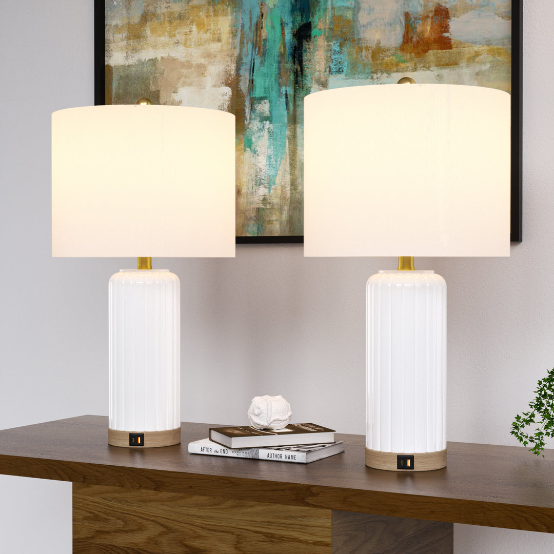 24.5'' Dimmable Modern White Ceramic Table Lamp With Usb Ports For Living Room/Bedroom (Set of 2)