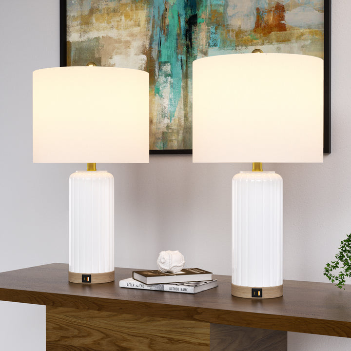 24.5'' Dimmable Modern White Ceramic Table Lamp With Usb Ports For Living Room/Bedroom (Set of 2) #T236