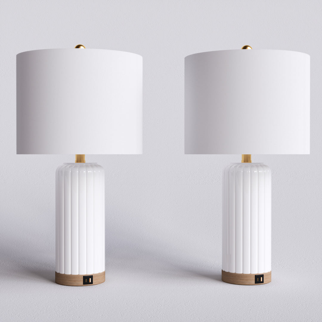 24.5'' Dimmable Modern White Ceramic Table Lamp With Usb Ports For Living Room/Bedroom (Set of 2) #T236