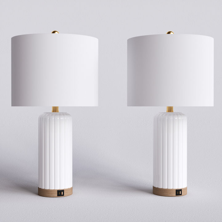 24.5'' Dimmable Modern White Ceramic Table Lamp With Usb Ports For Living Room/Bedroom (Set of 2)