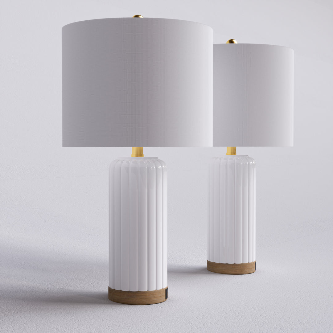 24.5'' Dimmable Modern White Ceramic Table Lamp With Usb Ports For Living Room/Bedroom (Set of 2)