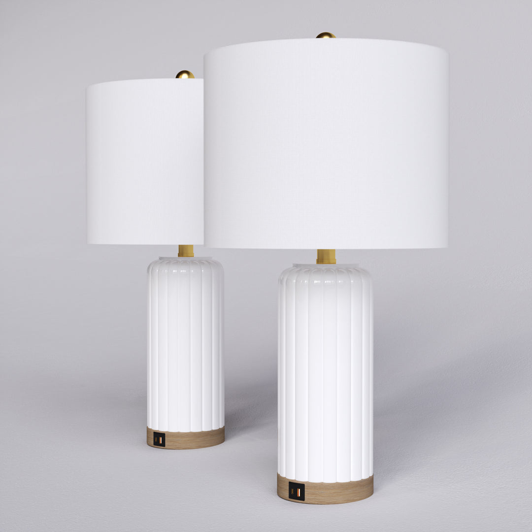 24.5'' Dimmable Modern White Ceramic Table Lamp With Usb Ports For Living Room/Bedroom (Set of 2)